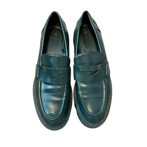 Zara Green Leather Chunky Sole Penny Loafers | Size 7.5/ 38