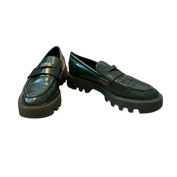 Zara Green Leather Chunky Sole Penny Loafers | Size 7.5/ 38