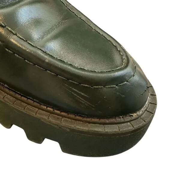 Zara Green Leather Chunky Sole Penny Loafers | Size 7.5/ 38