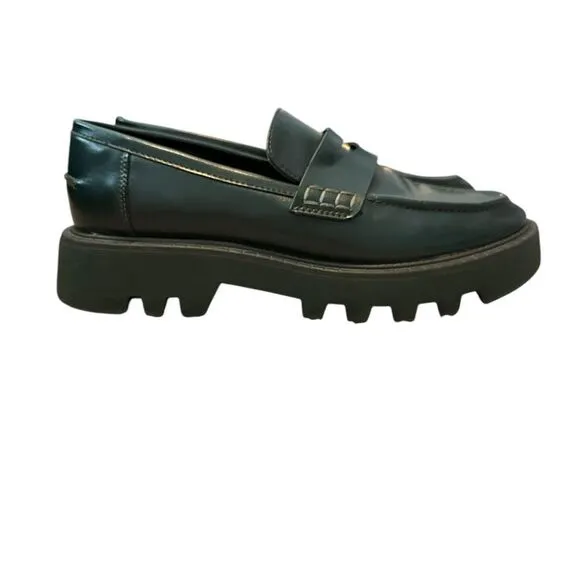 Zara Green Leather Chunky Sole Penny Loafers | Size 7.5/ 38