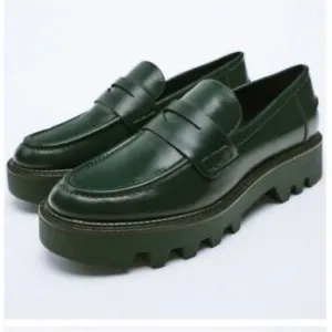 Zara Green Leather Chunky Sole Penny Loafers | Size 7.5/ 38