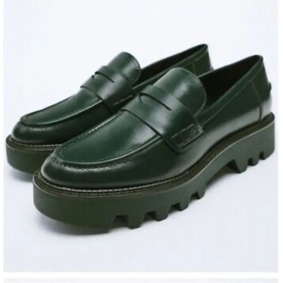 Zara Green Leather Chunky Sole Penny Loafers | Size 7.5/ 38