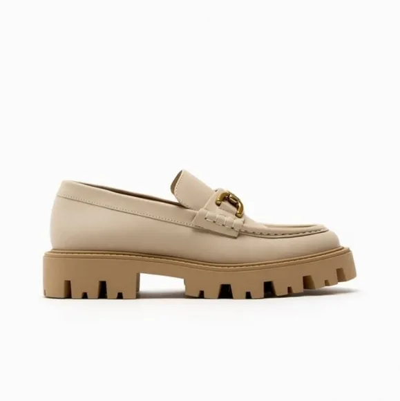 Zara Leather Buckle Lug Sole Loafers