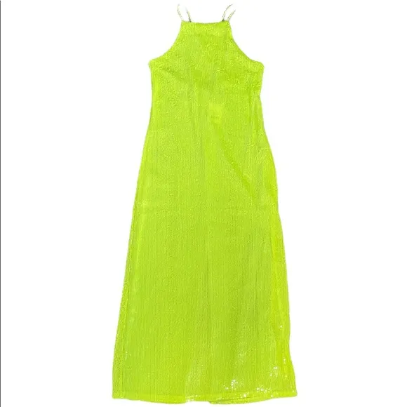 Zara | Neon Lime Green Sequin thin strap Maxi Long Dress NWOT