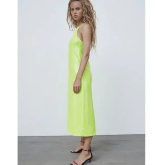 Zara | Neon Lime Green Sequin thin strap Maxi Long Dress NWOT