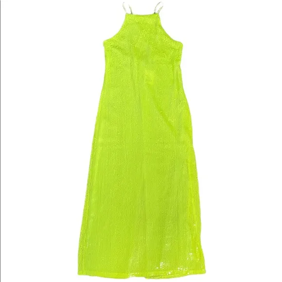 Zara | Neon Lime Green Sequin thin strap Maxi Long Dress NWOT