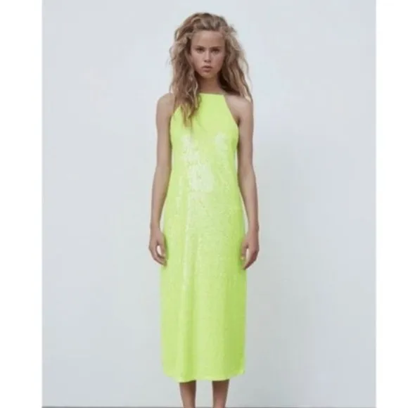 Zara | Neon Lime Green Sequin thin strap Maxi Long Dress NWOT