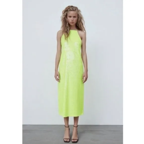 Zara | Neon Lime Green Sequin thin strap Maxi Long Dress NWOT