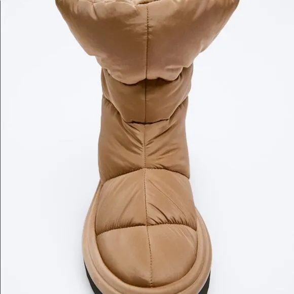 ZARA QUILTED LOW HEEL ANKLE BOOTS BEIGE