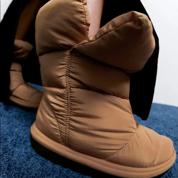 ZARA QUILTED LOW HEEL ANKLE BOOTS BEIGE