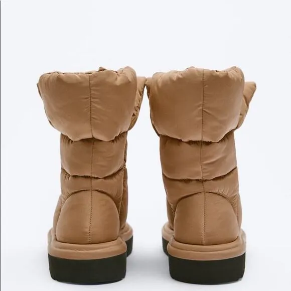 ZARA QUILTED LOW HEEL ANKLE BOOTS BEIGE