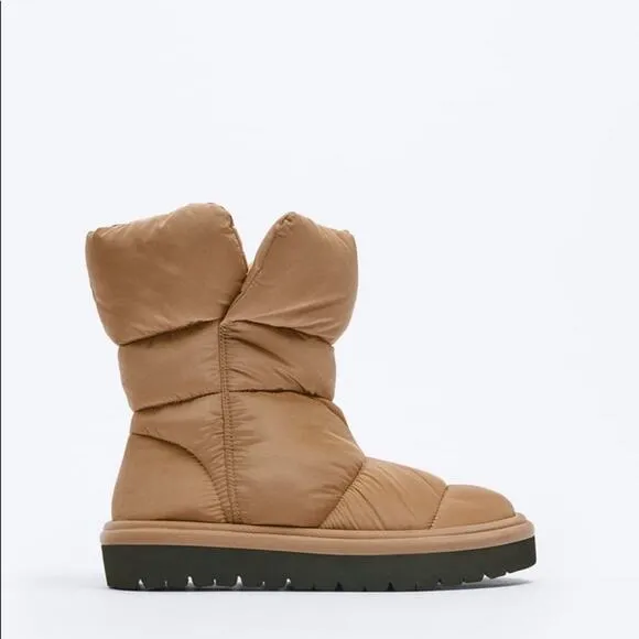 ZARA QUILTED LOW HEEL ANKLE BOOTS BEIGE