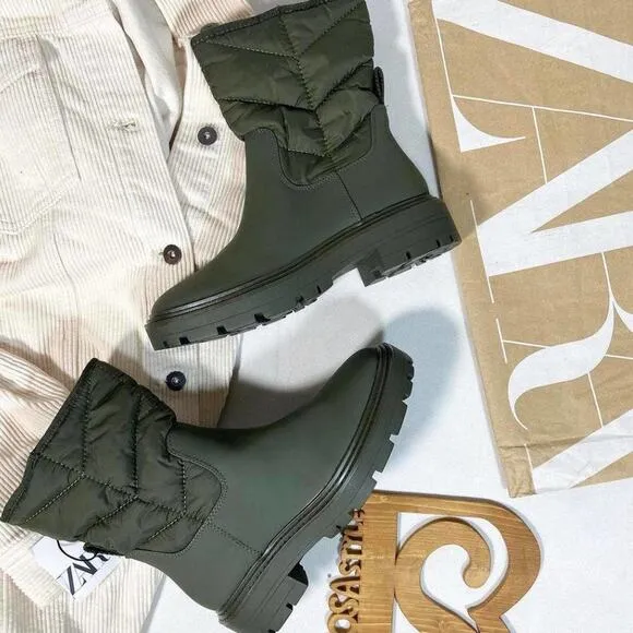 Zara Quilted Rubberized Low Heel ankle  Boots