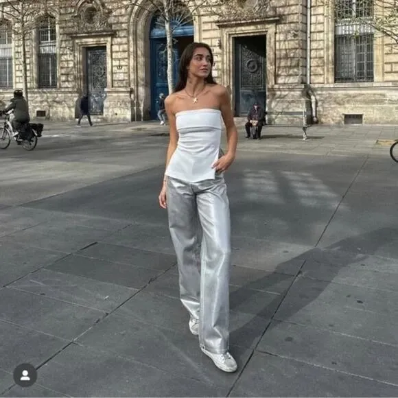 Zara Silver Coated Mid Rise Boyfriend Jeans Blogger's Favorite Size 6 NWT