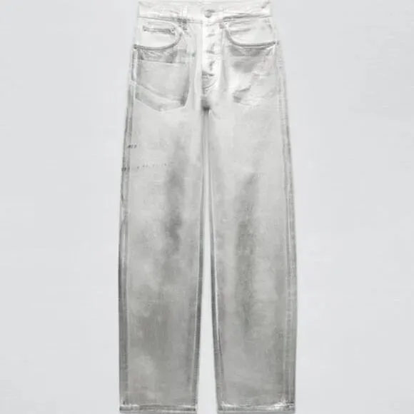 Zara Silver Coated Mid Rise Boyfriend Jeans Blogger's Favorite Size 6 NWT